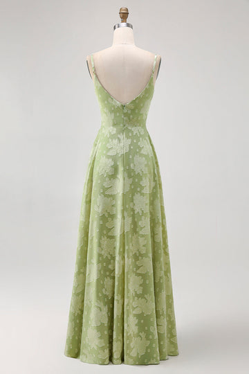 Sage Green Floral A Line Long Bridesmaid Dress with Slit